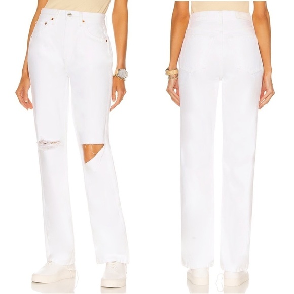 Re/Done Denim - RE/DONE White Distressed 90's High Rise Loose Jeans in White With Rips Size 24